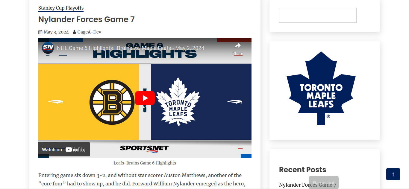 Leafs WordPress Hockey Blog + API